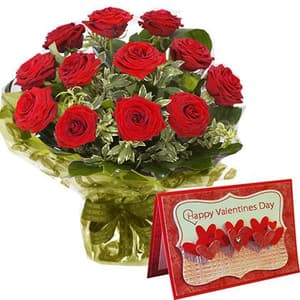 12 Red Roses with Valentines Greeting Card